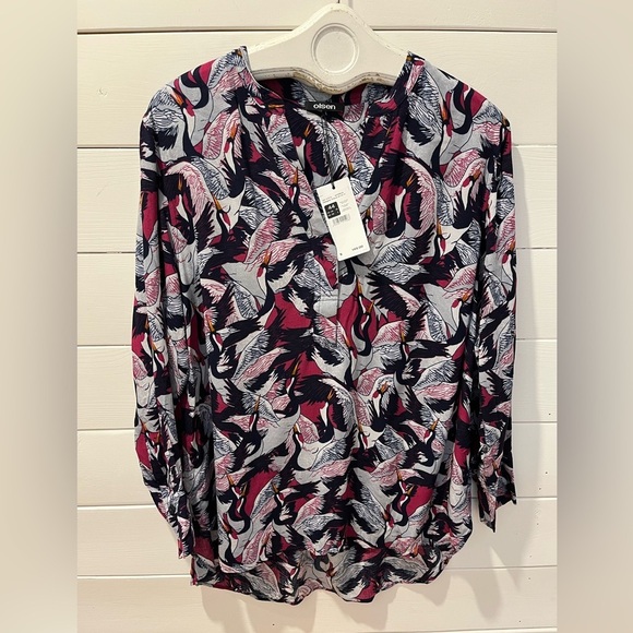 💜 OLSEN Printed Blouse with Crane Pattern – NWT – Size US 14 - Picture 1 of 8